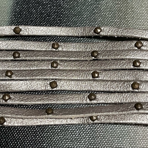 Soft Silver Leather Bracelet w/ Tiny Brass Metal Studs - Picture 4 of 6